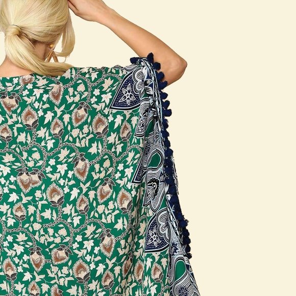 Gigio Border Print Tassel Trim Kimono • NWT • Rayon • Hi-Lo Hem • Open Front - Picture 5 of 6